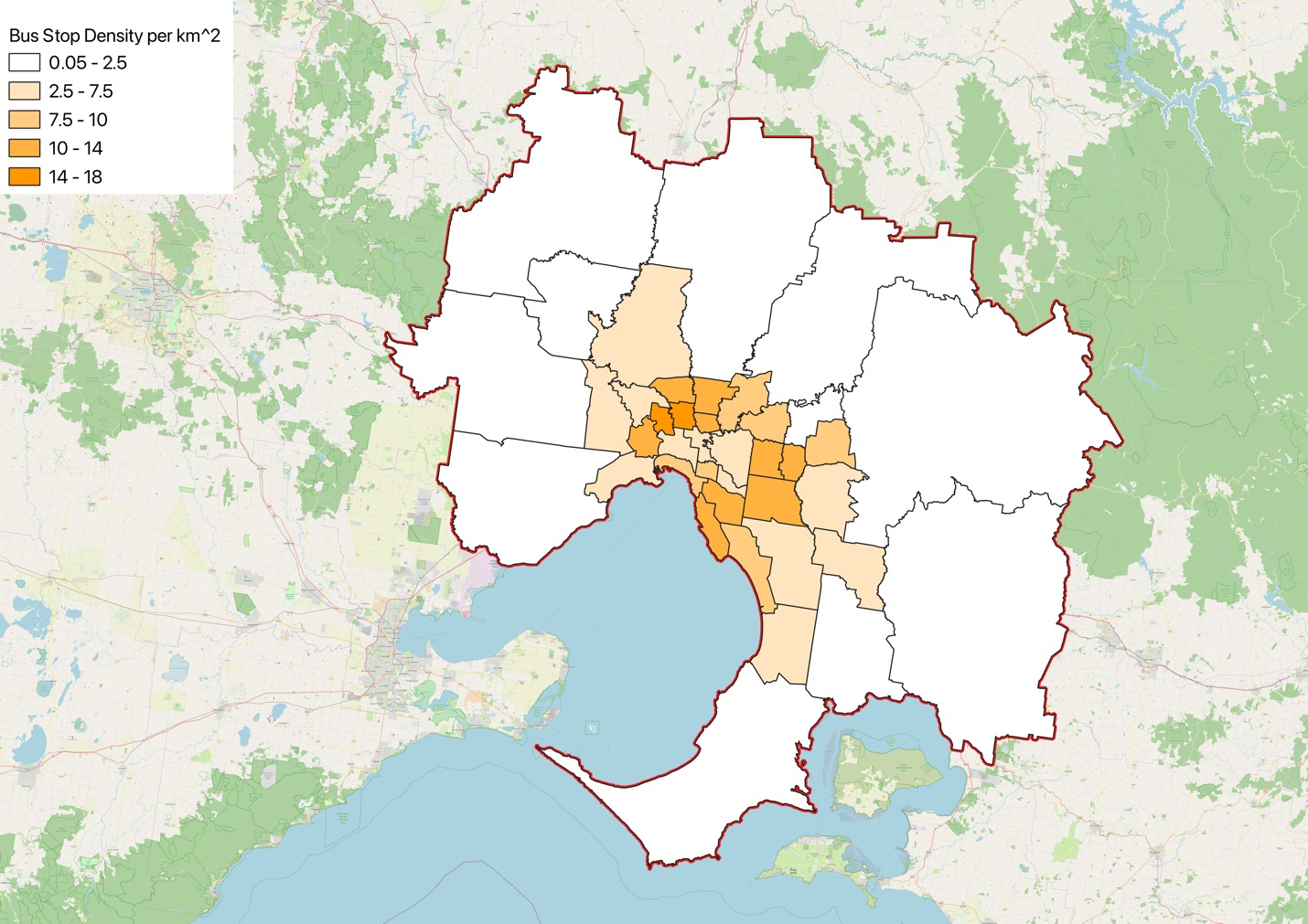 Choropleth map of bus stop density per square kilometre across Greater Melbourne