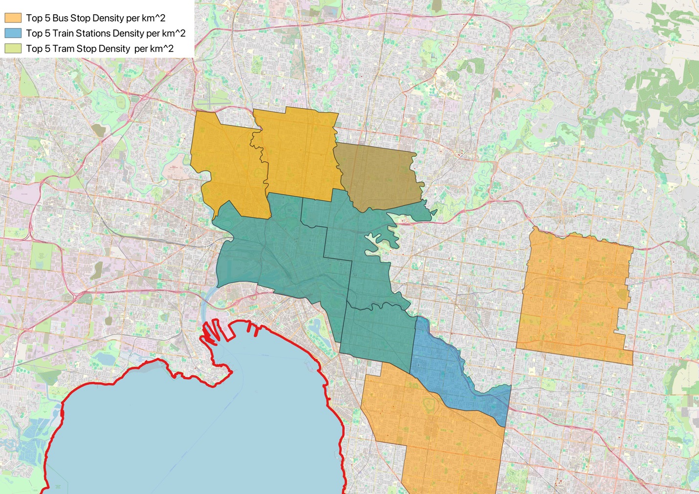 Map highlighting overlaps among the five areas with highest train, tram and bus stop density